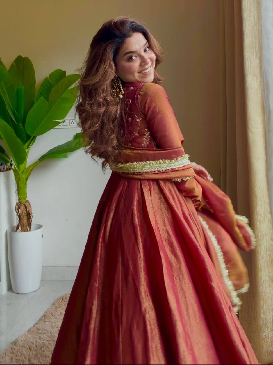 Regal Terracotta Zari-Bodice Anarkali Set